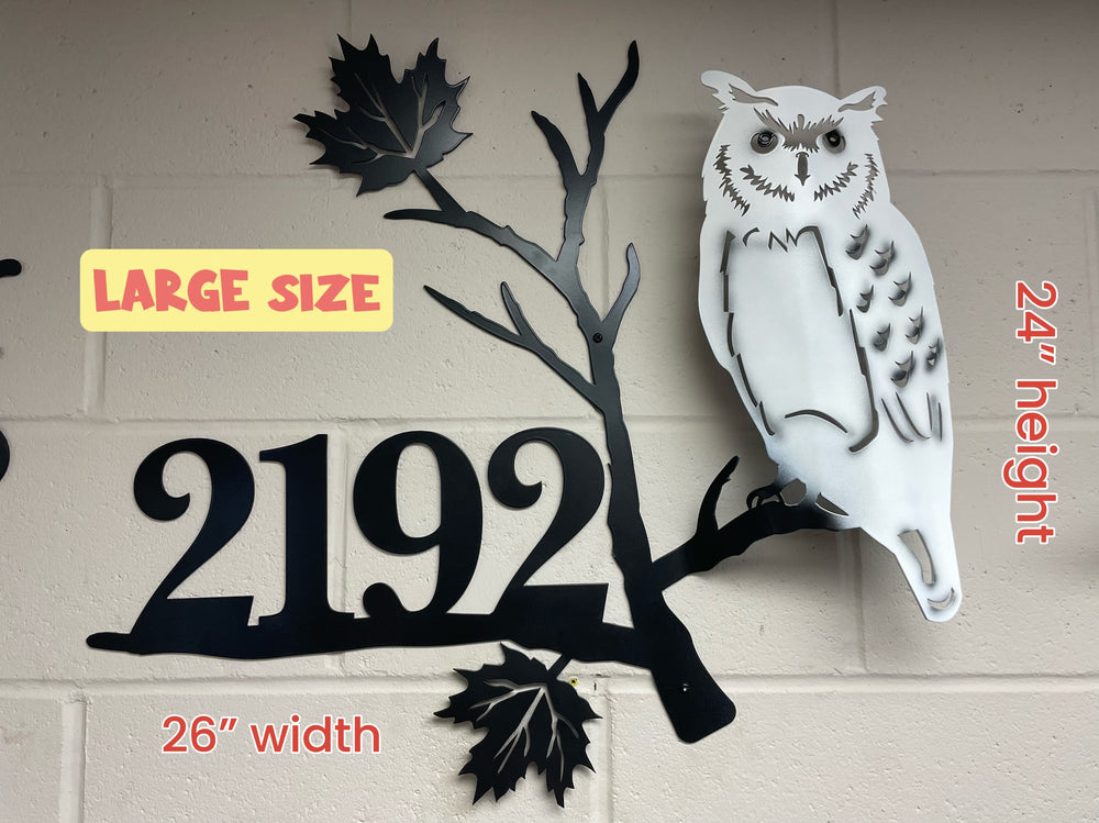 Owl House Number Sign | Customizable House Number | Snowy Owl Metal Art | Metal Sign