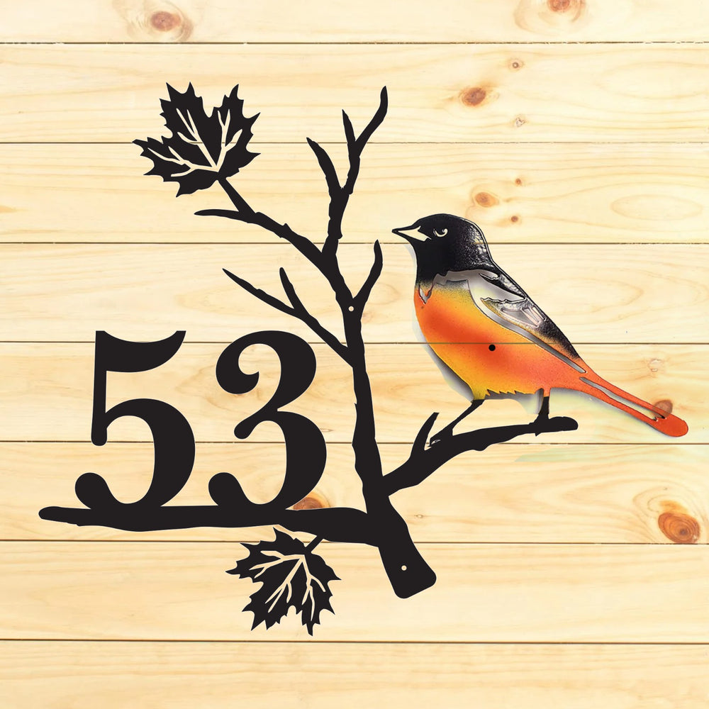 Oriole House Number Address  Sign Perched on a Maple Leaf Branch