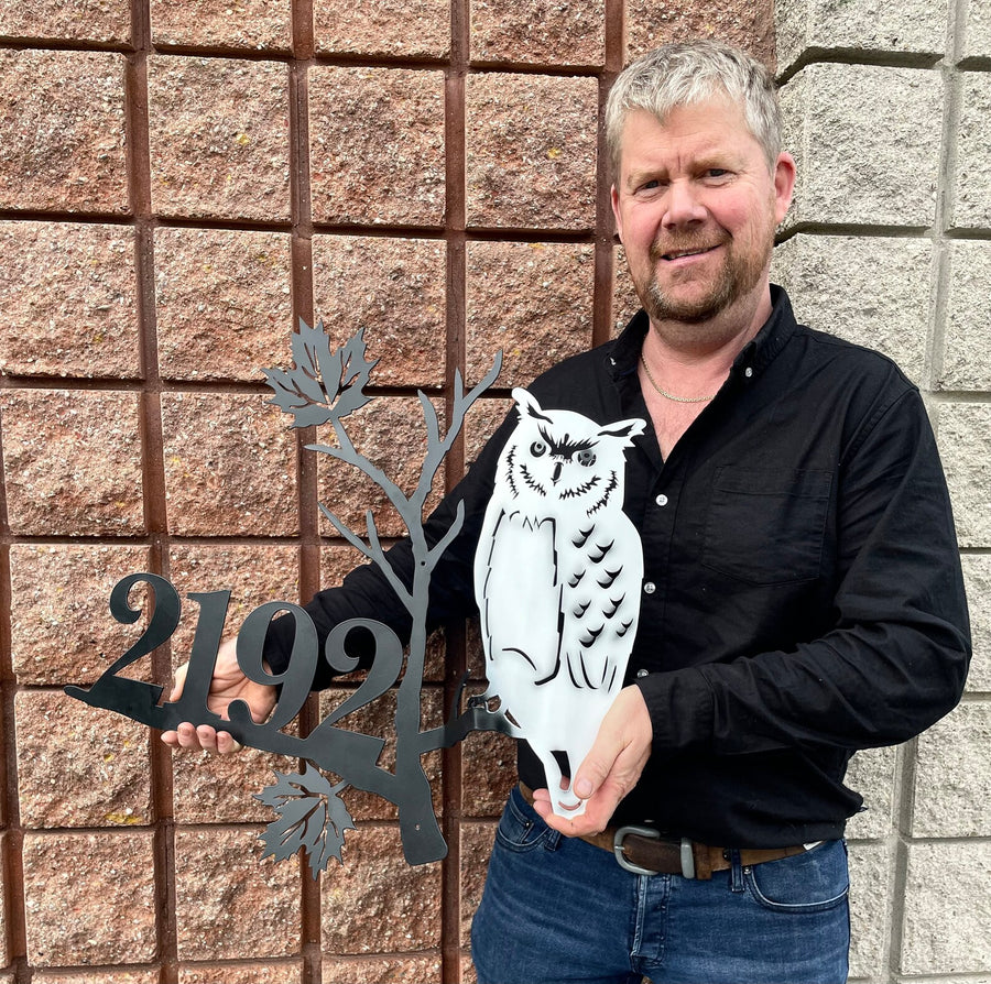 Owl House Number Sign | Customizable House Number | Snowy Owl Metal Art | Metal Sign
