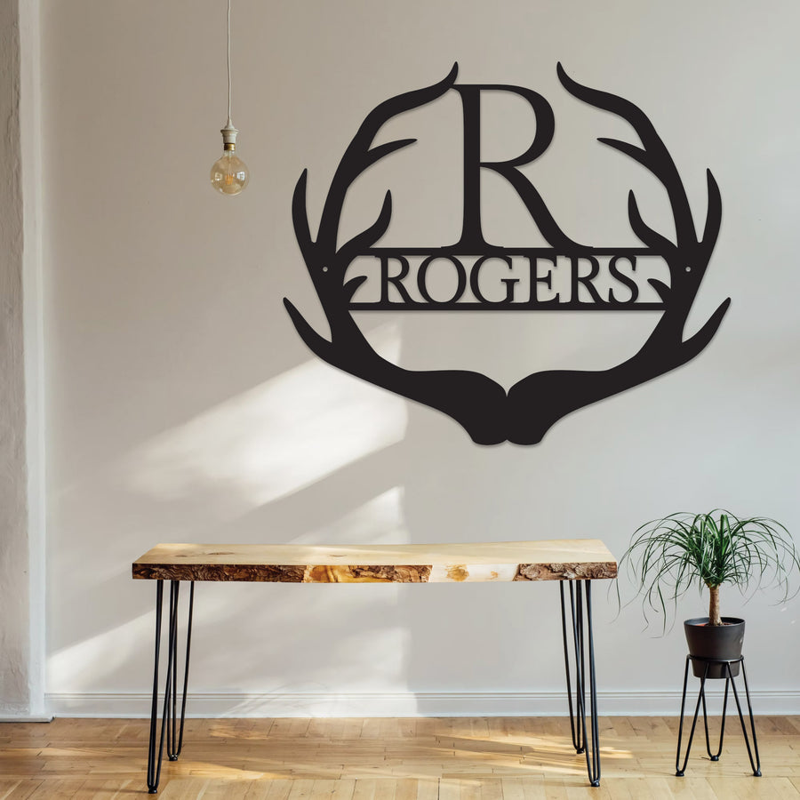 Personalized Deer Antler Split Letter Monogram Sign - Family Name Metal Wall Art
