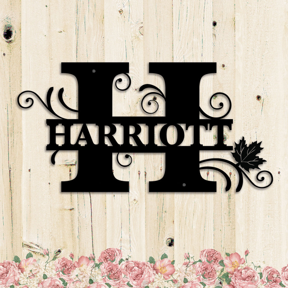 Personalized Split Letter H Monogram with Maple Leaf -  Family Name Metal Wall Art