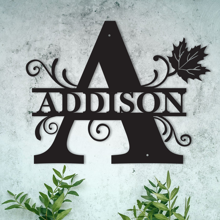 "A" Personalized Split Letter Monogram with Maple Leaf - Family Name Metal Wall Art