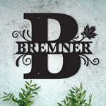 Letter B Personalized Split Letter Monogram with Maple Leaf -  Family Name Metal Wall Art