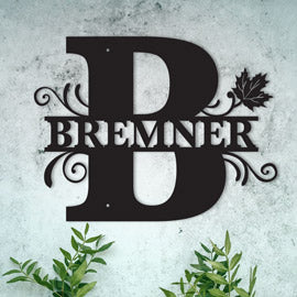 Letter B Personalized Split Letter Monogram with Maple Leaf -  Family Name Metal Wall Art