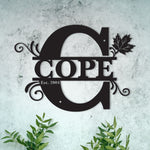"C" Personalized Split Letter Monogram with Maple Leaf -  Family Name Metal Wall Art
