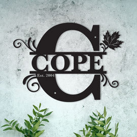 "C" Personalized Split Letter Monogram with Maple Leaf -  Family Name Metal Wall Art
