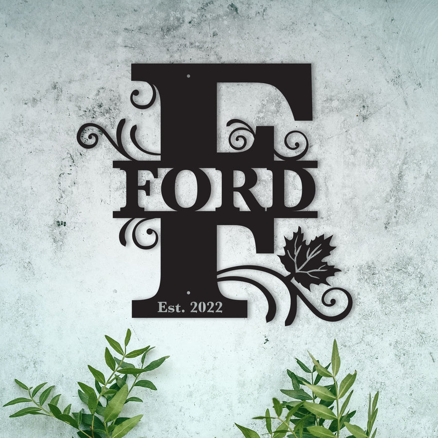 F Personalized Split Letter Monogram with Maple Leaf -  Family Name Metal Wall Art