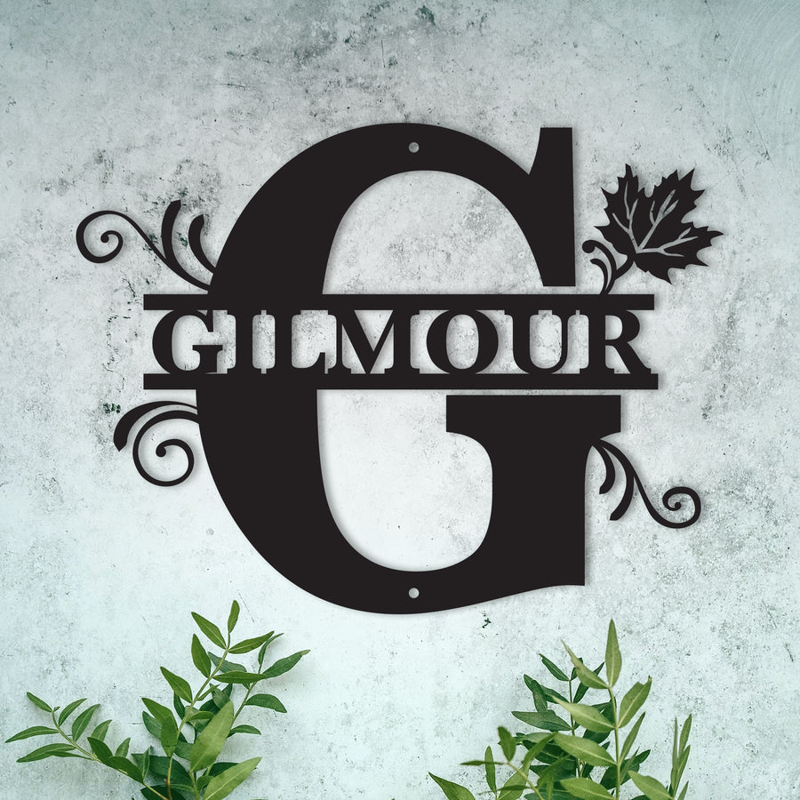G Personalized Split Letter Monogram with Maple Leaf -  Family Name Metal Wall Art