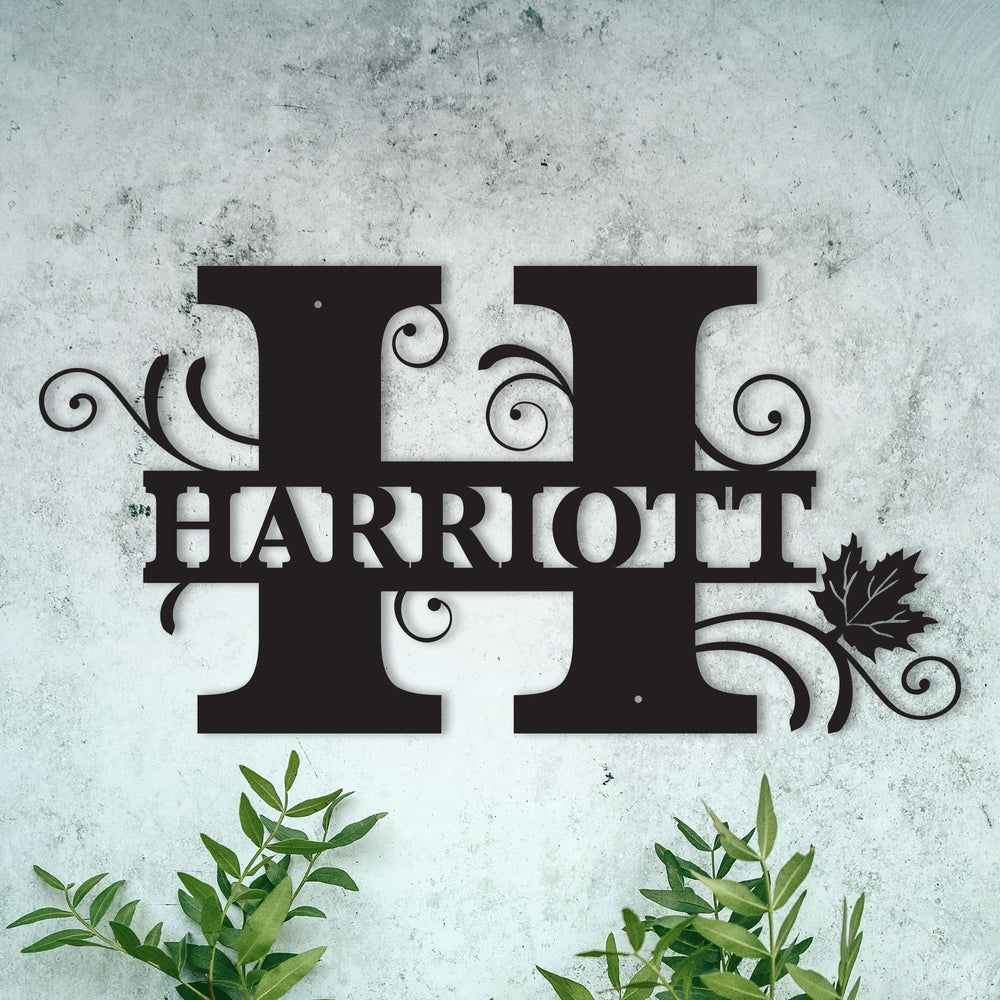 Personalized Split Letter H Monogram with Maple Leaf -  Family Name Metal Wall Art
