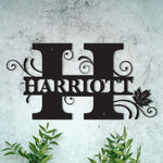 Personalized Split Letter H Monogram with Maple Leaf -  Family Name Metal Wall Art