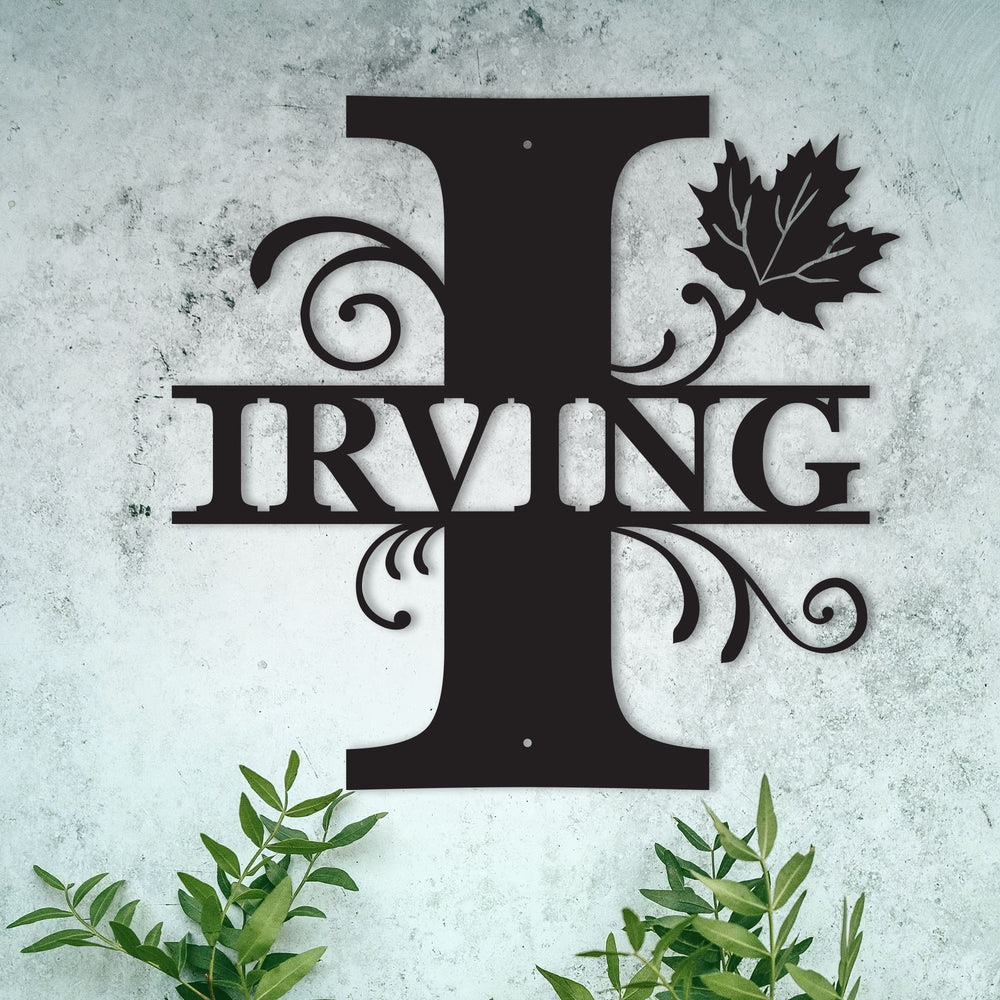 Personalized Split Letter I Monogram with Maple Leaf -  Family Name Metal Wall Art
