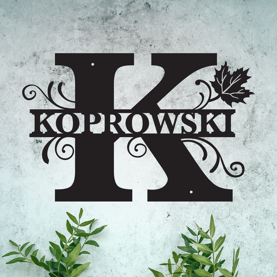 K Personalized Split Letter Monogram with Maple Leaf - Family Name Metal Wall Art