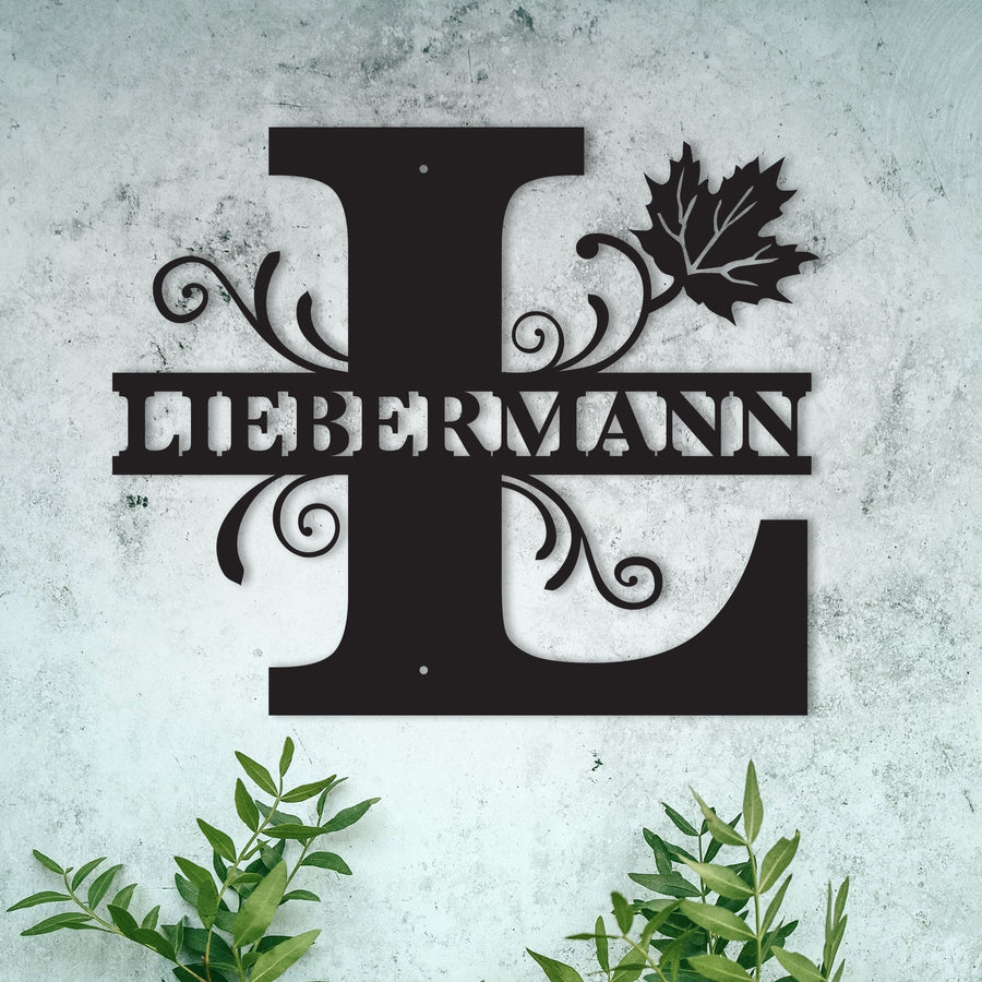 L Personalized Split Letter Monogram with Maple Leaf -  Family Name Metal Wall Art