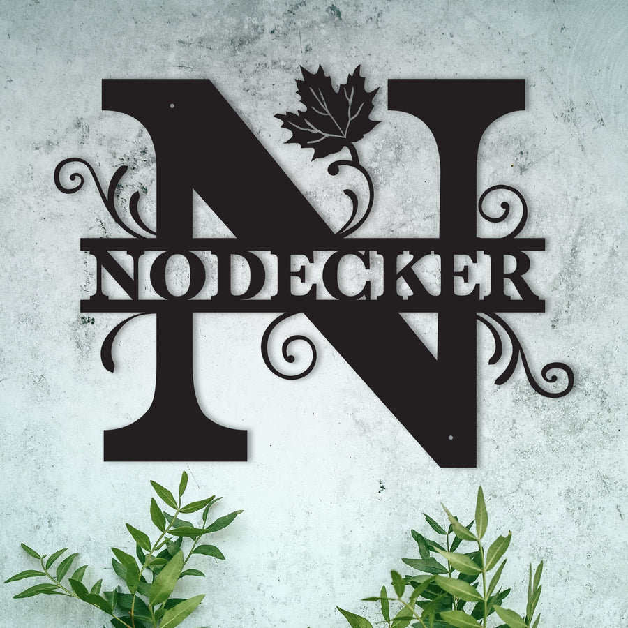 N Alphabet Personalized Split Letter Monogram with Maple Leaf -  Family Name Metal Wall Art