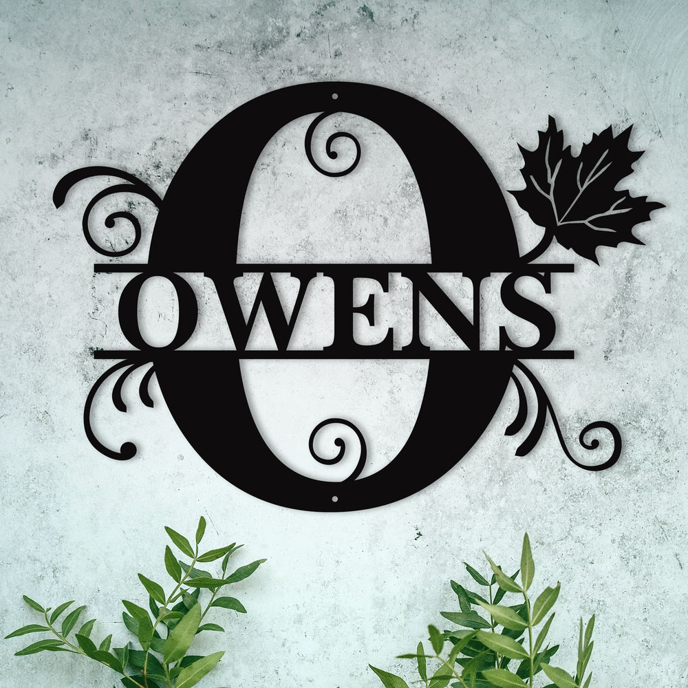 O Alphabet Personalized Split Letter Monogram with Maple Leaf -  Family Name Metal Wall Art