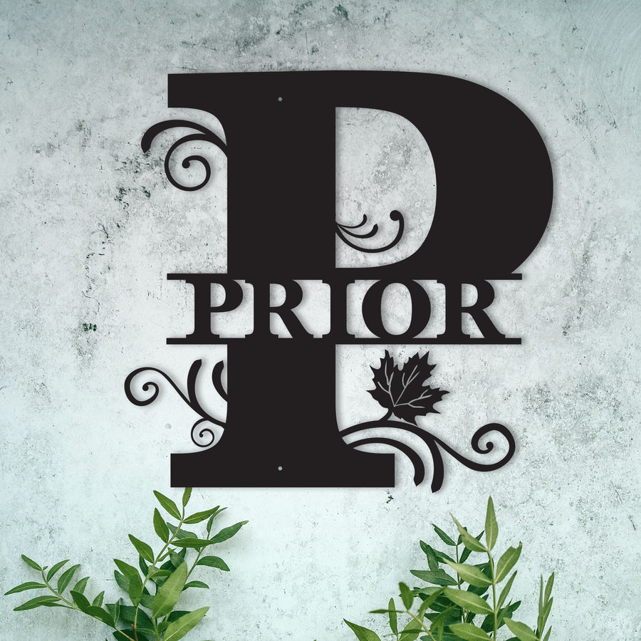 P Alphabet Personalized Split Letter Monogram with Maple Leaf -  Family Name Metal Wall Art
