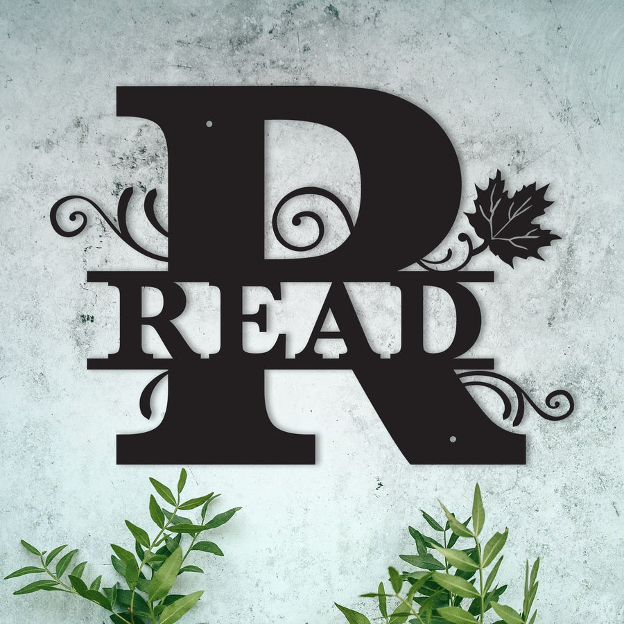 R Alphabet Personalized Split Letter Monogram with Maple Leaf -  Family Name Metal Wall Art
