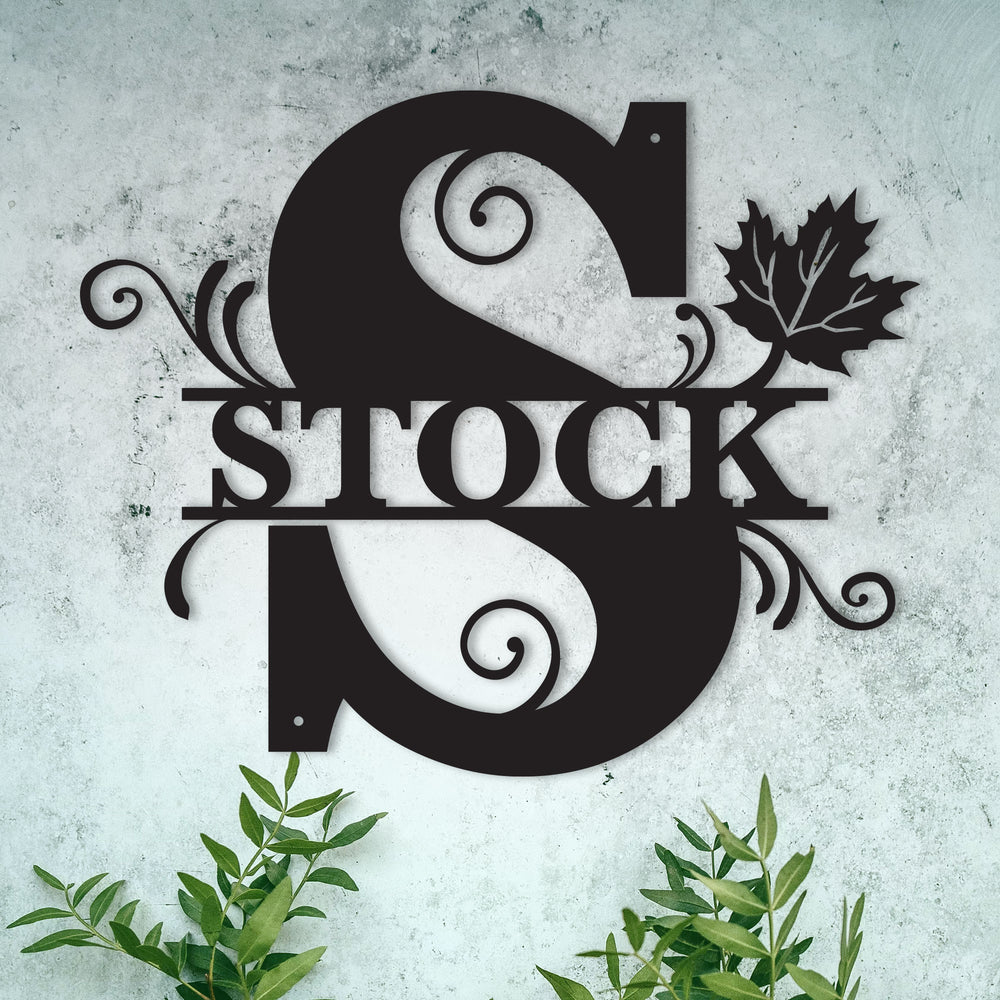 S Alphabet Personalized Split Letter Monogram with Maple Leaf -  Family Name Metal Wall Art