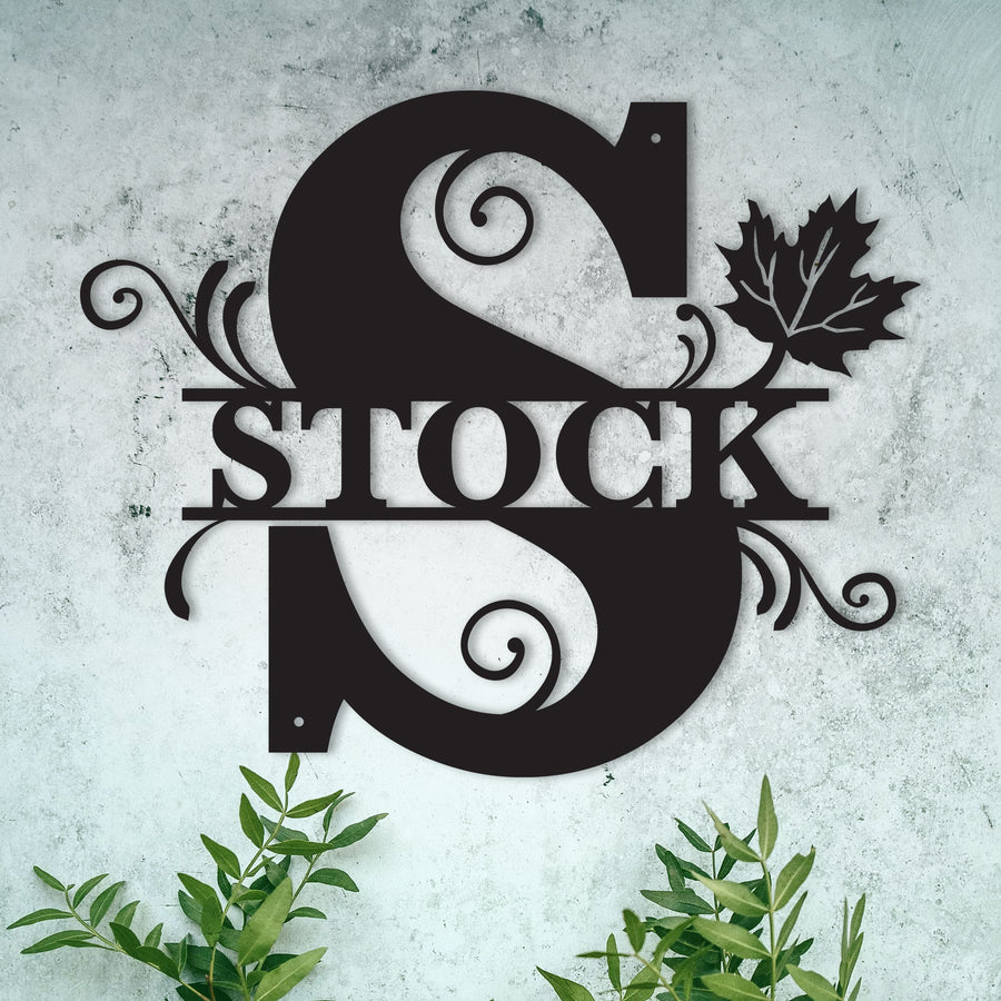 S Alphabet Personalized Split Letter Monogram with Maple Leaf -  Family Name Metal Wall Art