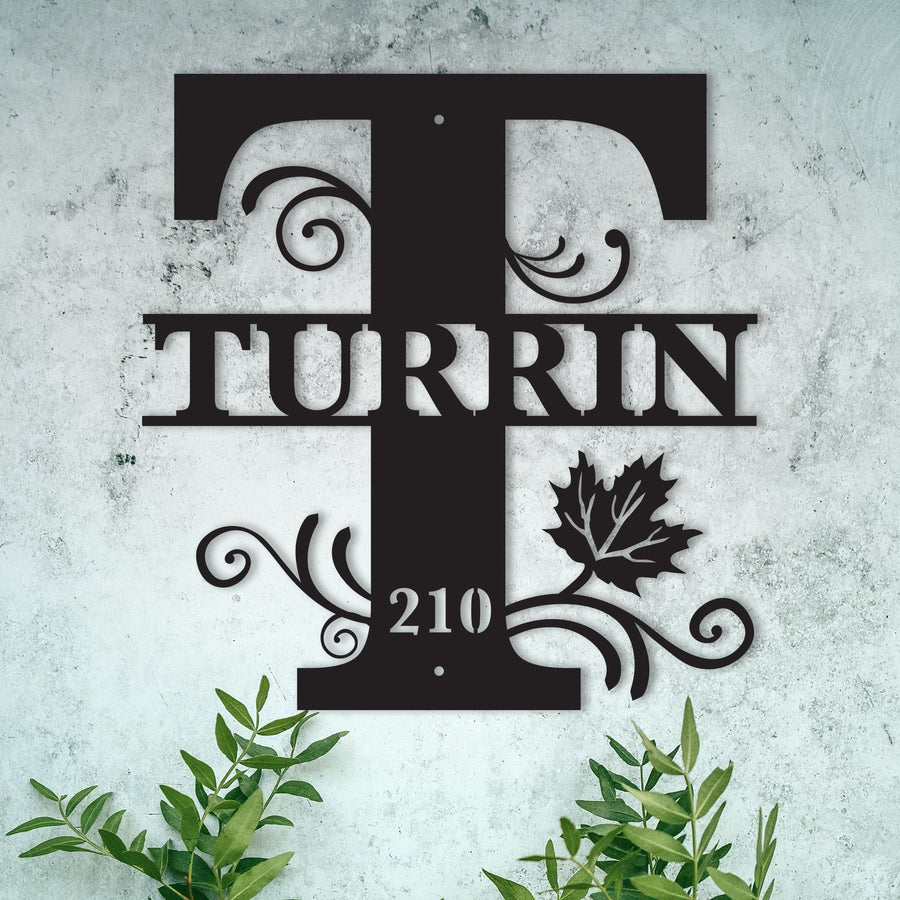 T Alphabet Personalized Split Letter Monogram with Maple Leaf -  Family Name Metal Wall Art