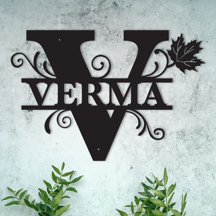 V Alphabet Personalized Split Letter Monogram with Maple Leaf -  Family Name Metal Wall Art
