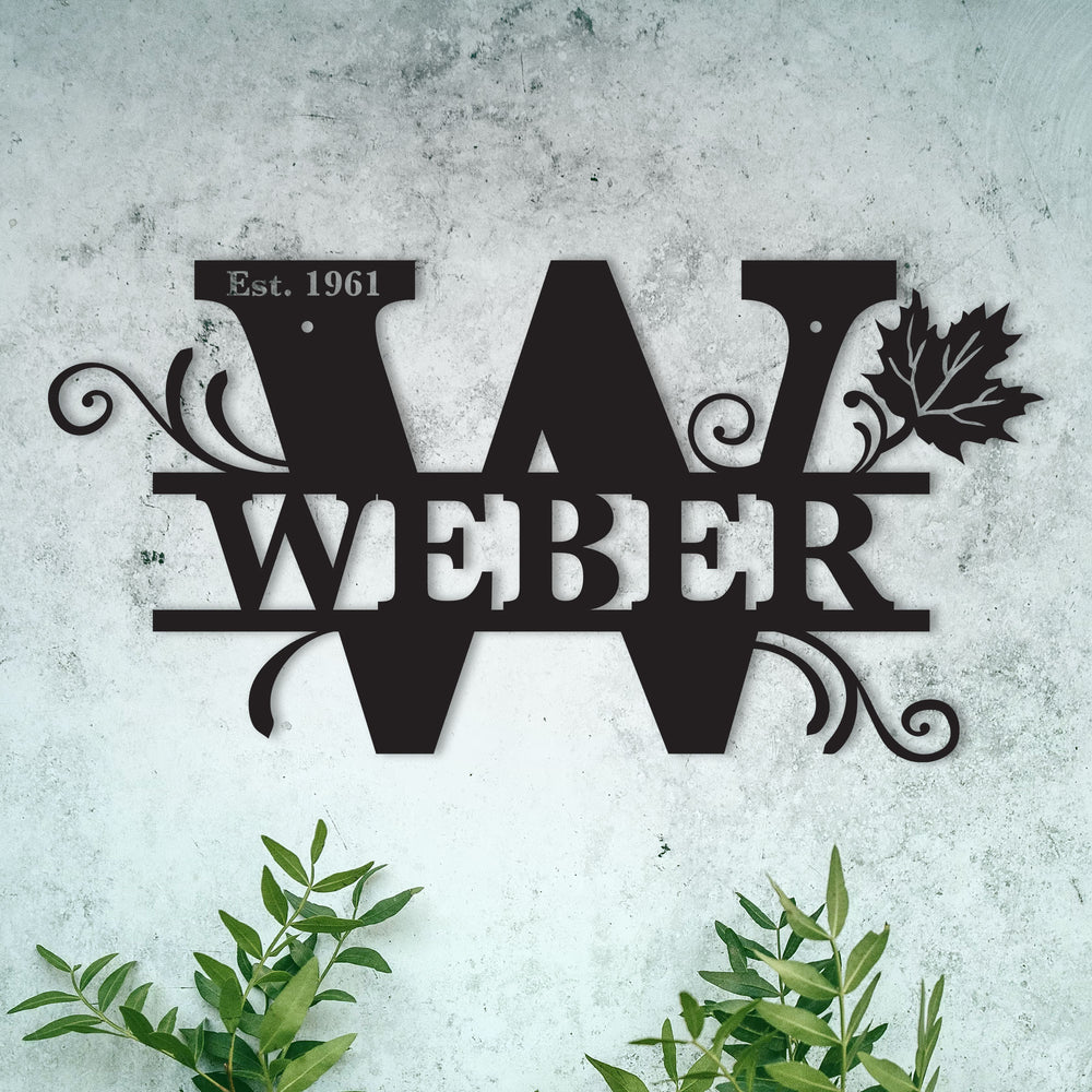 W Alphabet Personalized Split Letter Monogram with Maple Leaf -  Family Name Metal Wall Art