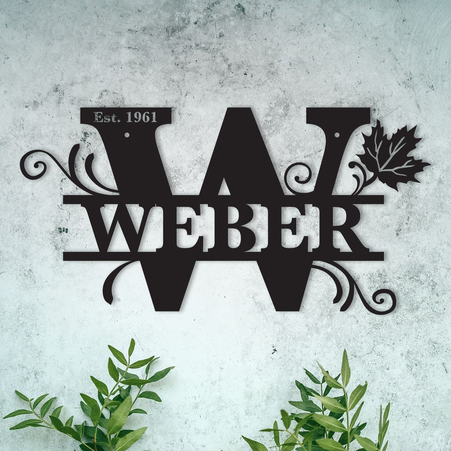 W Alphabet Personalized Split Letter Monogram with Maple Leaf -  Family Name Metal Wall Art