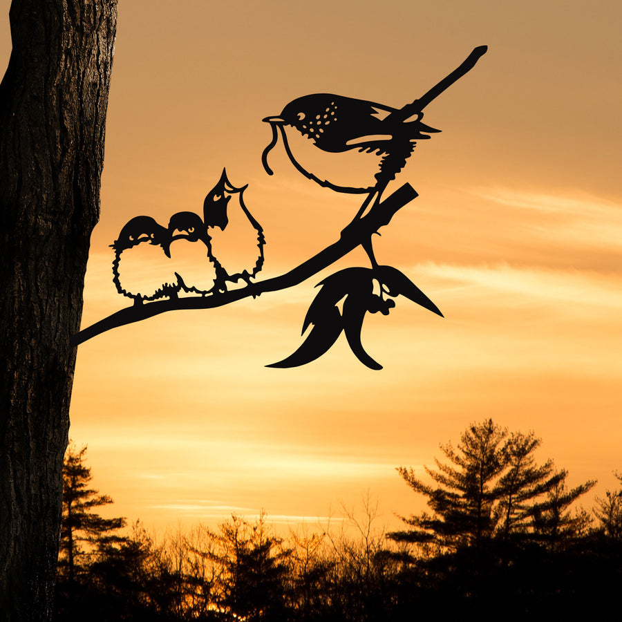 Mother chickadee with baby chicks metal bird | Practical Art