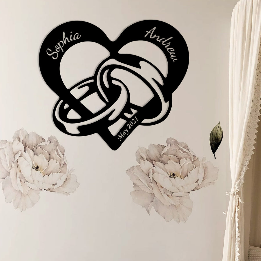 Metal Heart and Rings Sign | Metal Wedding Gifts, Two Rings in a heart, Classic Home Signs Metal Wall Art