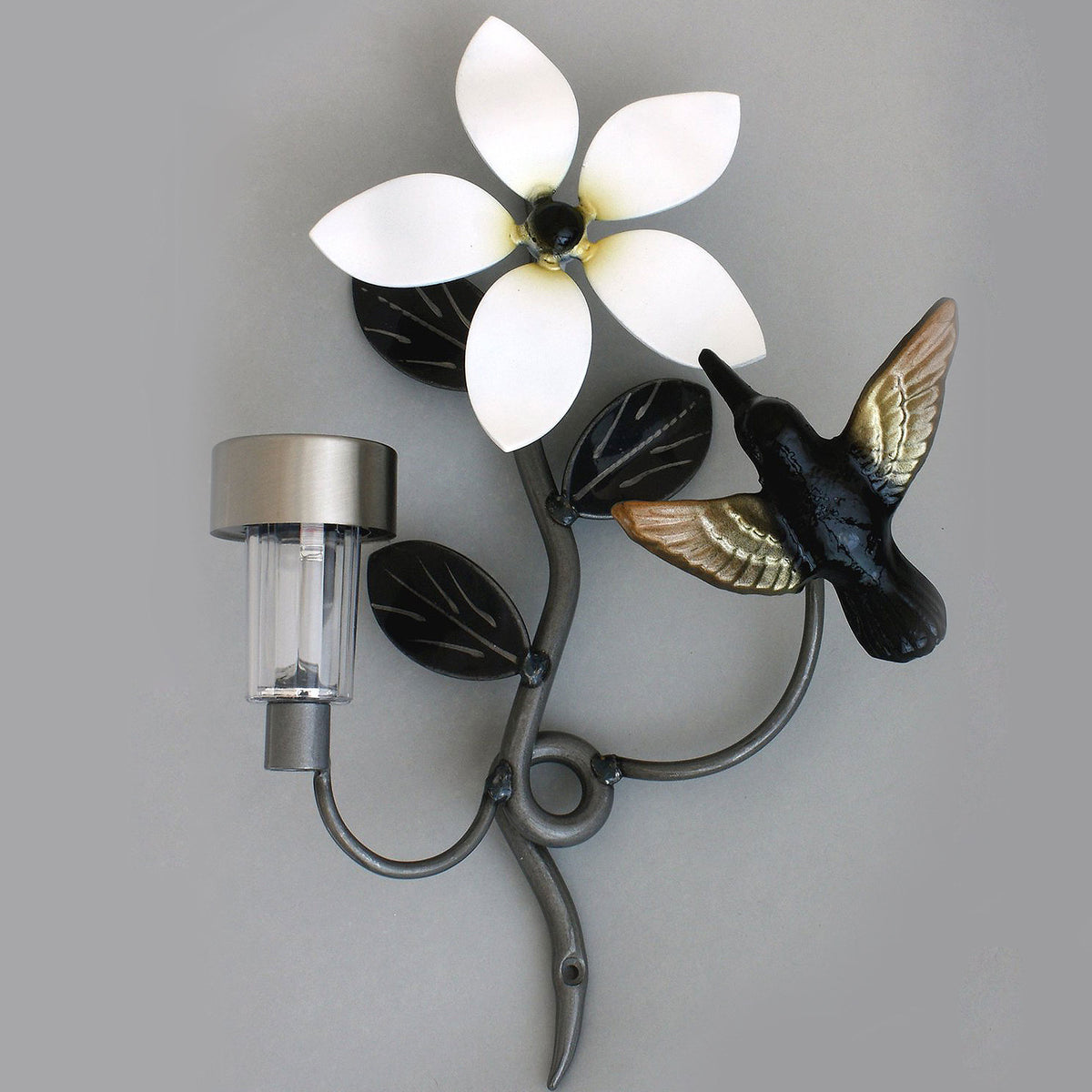 Hummingbird on Right with Flower Solar Light Metal Wall Art Home D