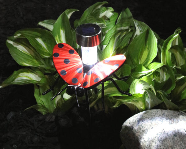 Metal Art Flying Lady Bugs Solar Light On A Garden Stake