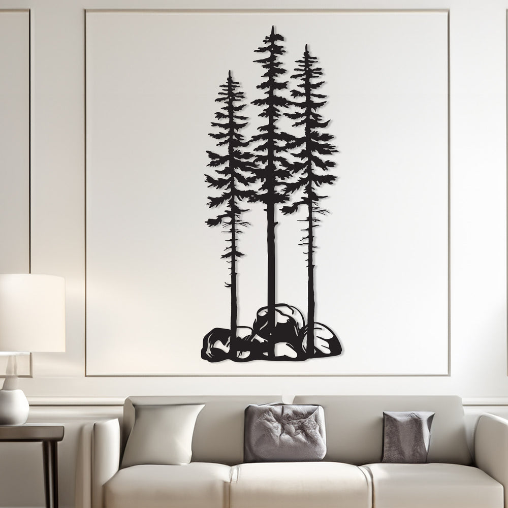 Three Pine Trees Metal Wall Art with Stones