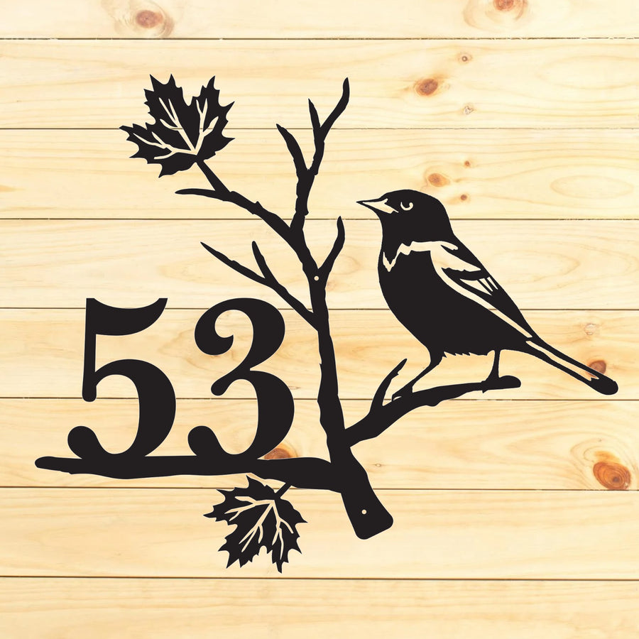 Oriole House Number Address  Sign Perched on a Maple Leaf Branch