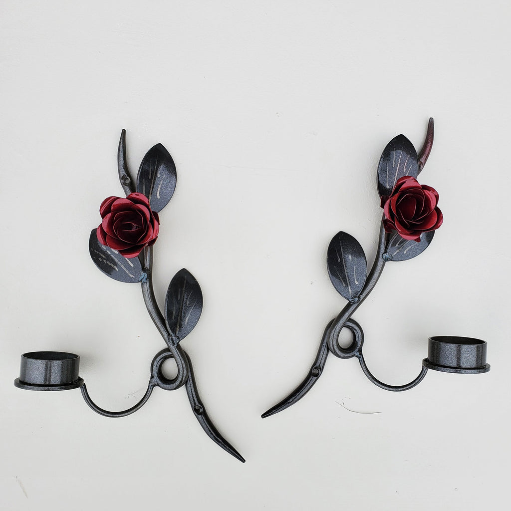 Red Rose Metal Wall Art Candle Holders Set of 2 PracticalArt