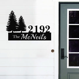 Custom Family Name And Address Metal Signs, Pine Trees House Number Metal Sign