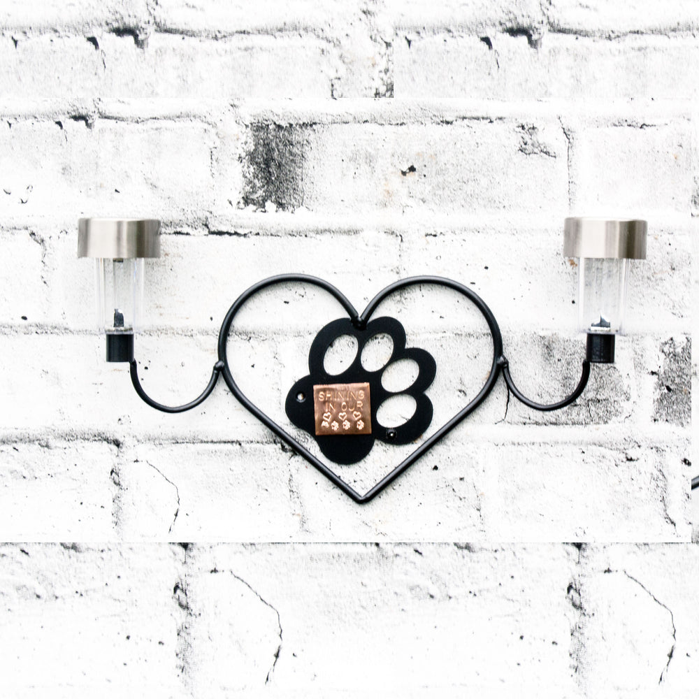 Wall-Mounted Metal Dog Paw Memorial in a Heart, with Dual Solar Lights (Custom Stamped Copper Plate Included)