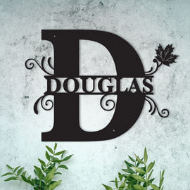 D Split Letter Monogram with Maple Leaf -  Family Name Metal Wall Art