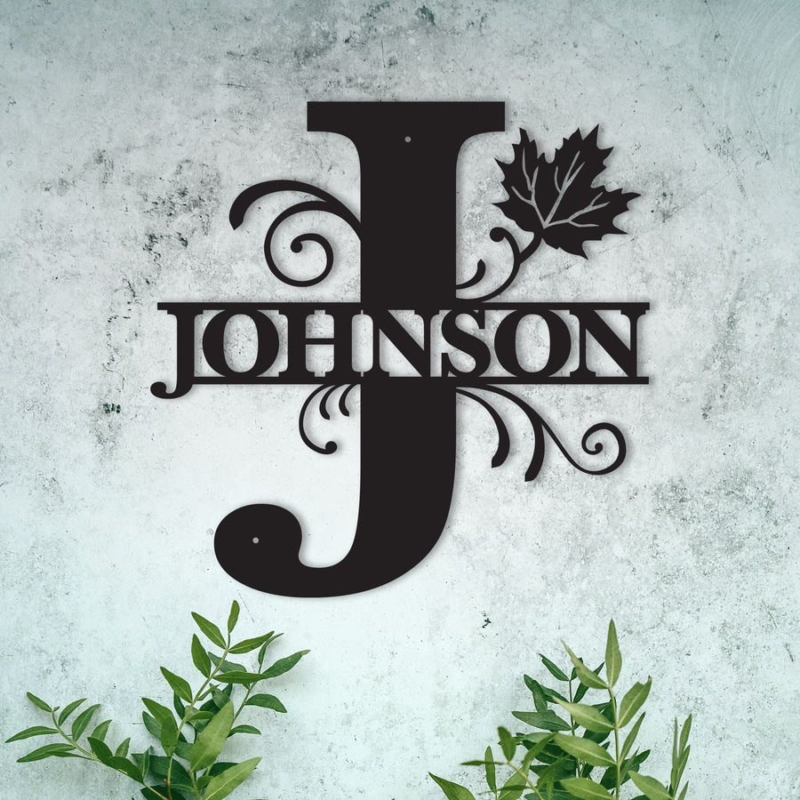 J Personalized Split Letter Monogram with Maple Leaf -  Family Name Metal Wall Art