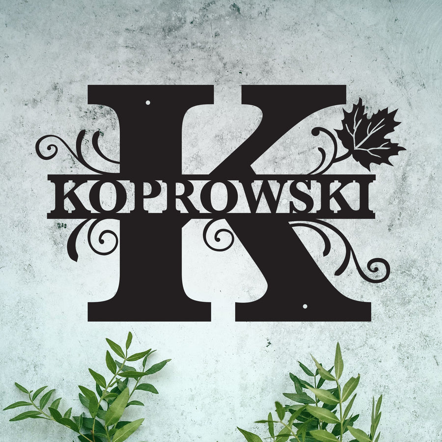K Personalized Split Letter Monogram with Maple Leaf -  Family Name Metal Wall Art