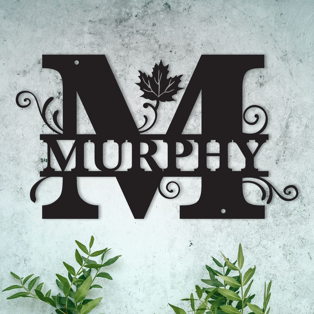 M Alphabet Personalized Split Letter Monogram with Maple Leaf -  Family Name Metal Wall Art