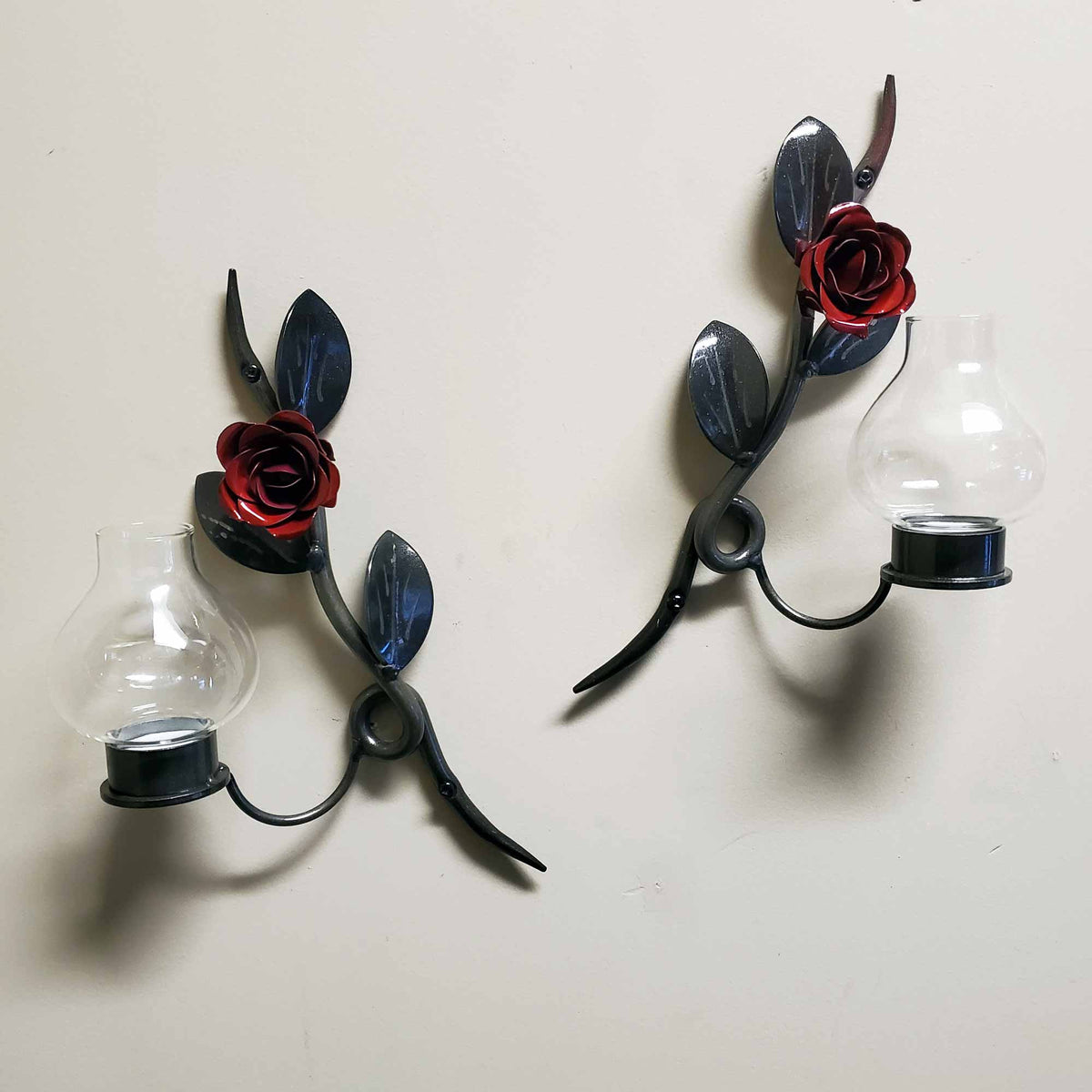 Red Rose Metal Wall Art Candle Holders Set of 2 PracticalArt