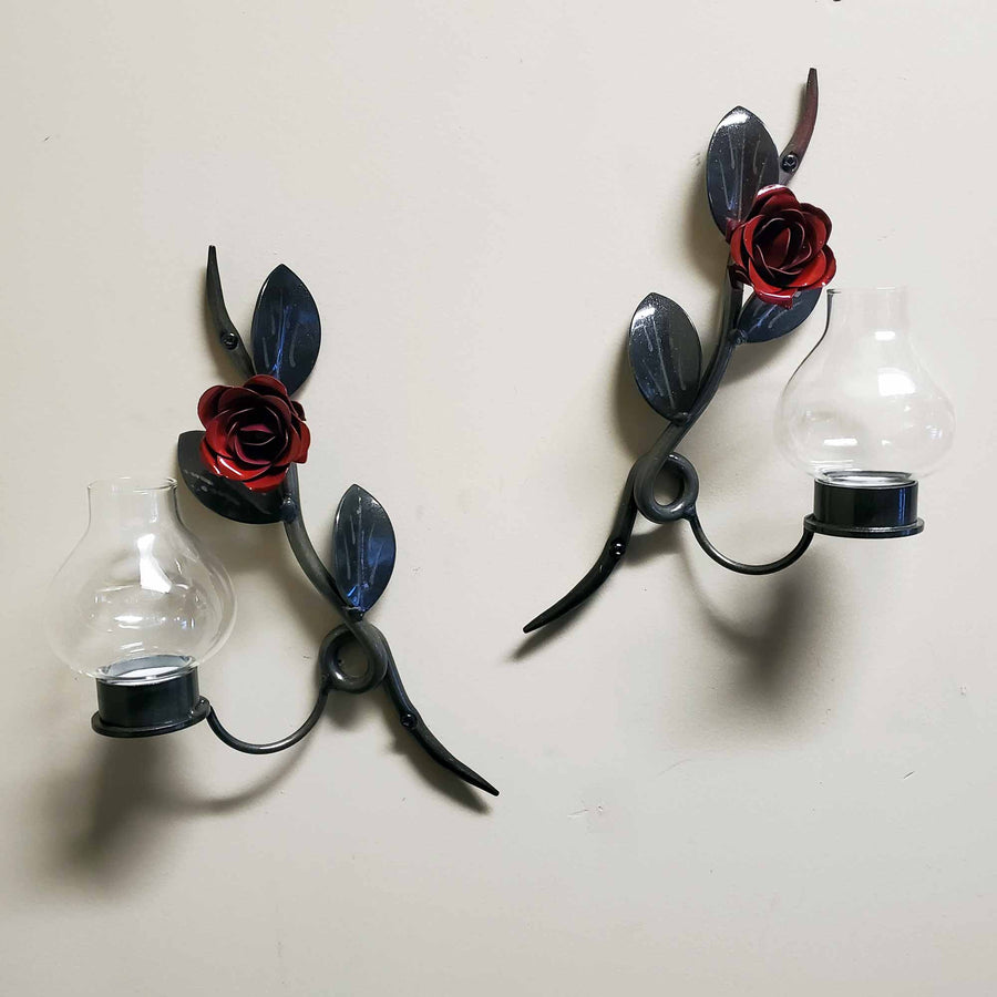 Set of 2 Red Rose Metal Wall Art Candle Holders
