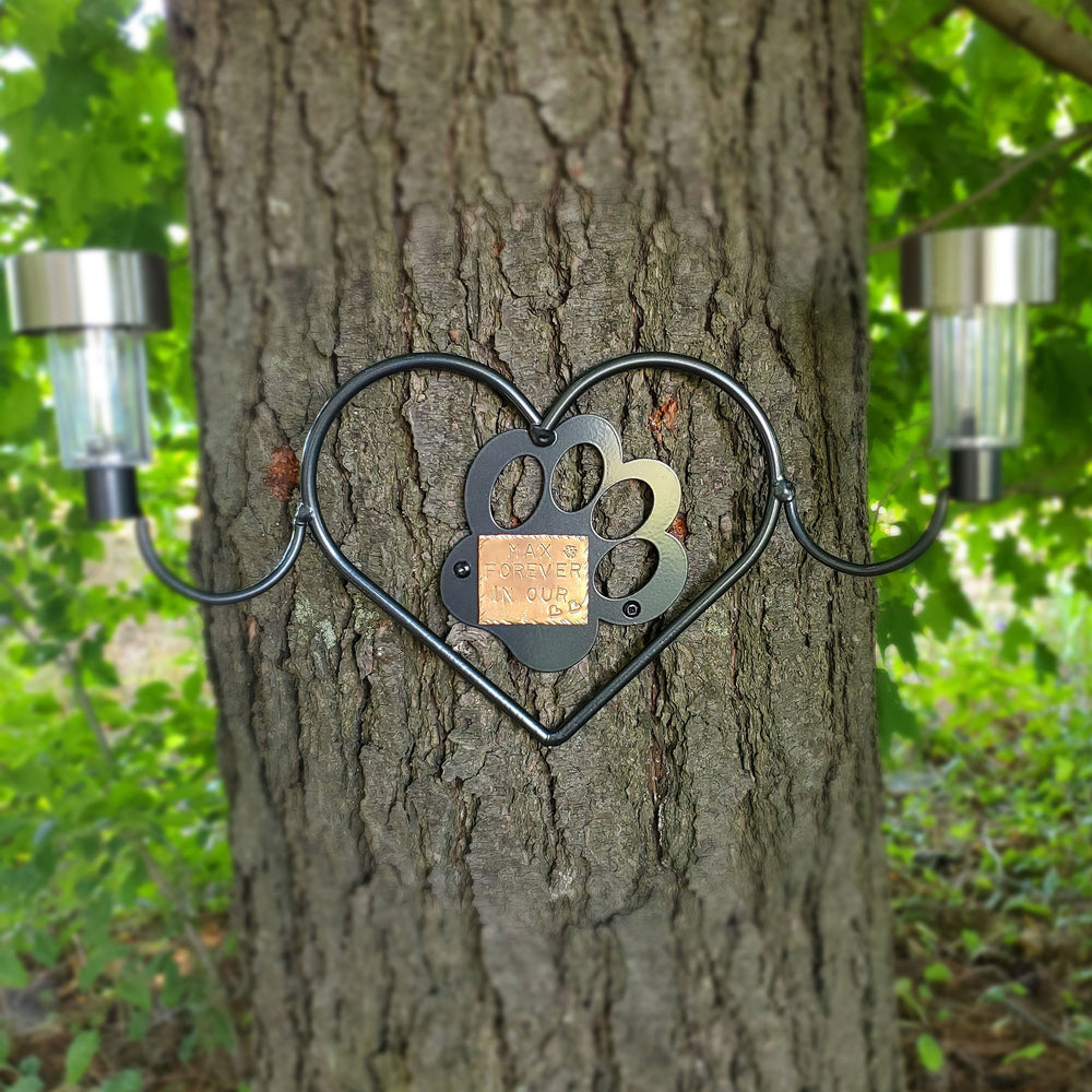 Wall-Mounted Metal Dog Paw Memorial in a Heart, with Dual Solar Lights (Custom Stamped Copper Plate Included)