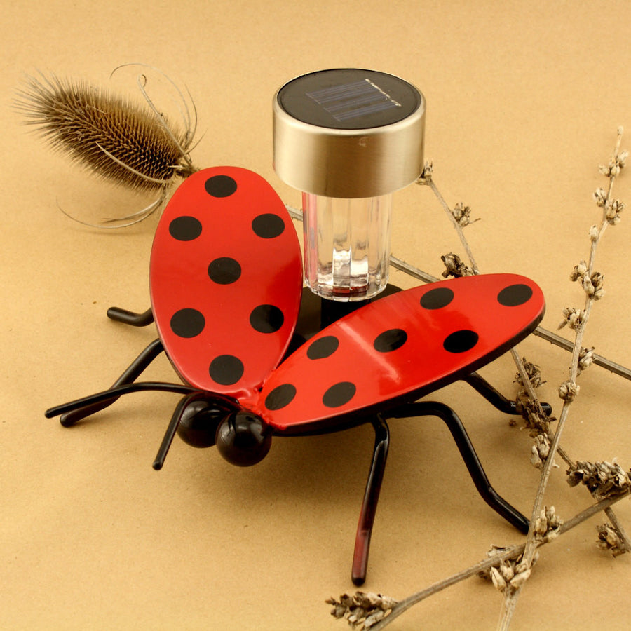 Solar Light Ladybug On A Garden Stake: Metal Art Flying Lady Bugs On Stakes