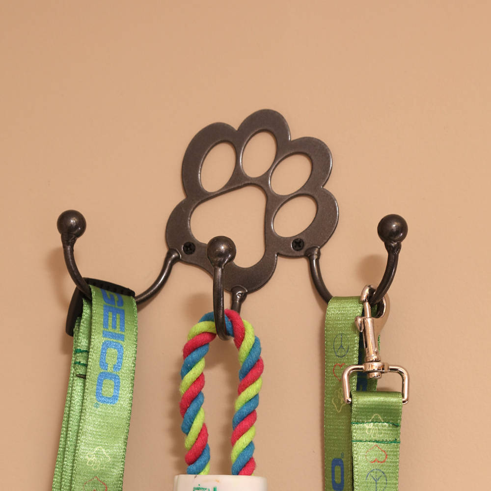 Dog Leash Hook Metal Dog Paw: 3 Hooks Metal Wall-Mount Holder